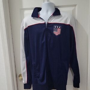 USA Men's Navy and White Zip-Up Sweater